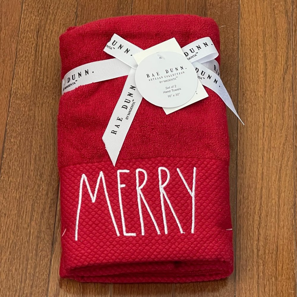 New Rae Dunn by Magenta Red Merry Hand Towel Set P5